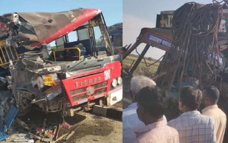 ಬಸ್‌-ಲಾರಿ ಅಪಘಾತ: ಇಬ್ಬರು ಸಾವು, 15ಕ್ಕೂ ಹೆಚ್ಚು ಜನರಿಗೆ ಗಾಯ