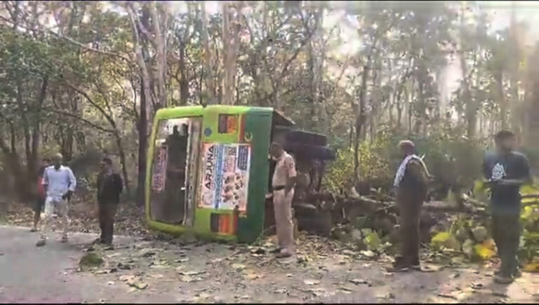 ಚಾಲಕನ ನಿಯಂತ್ರಣ ತಪ್ಪಿ ಬಸ್‌ ಪಲ್ಟಿ: 17 ಜನರಿಗೆ ಗಾಯ